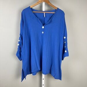 Lulu B Button Sleeve Tunic Top Blouse Flowy Oversized Cotton Blue 2X